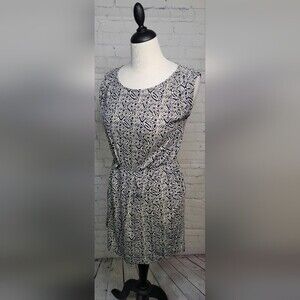 Loft Petite Dress XSP Sleeveless Navy White Geometric Knee Lenght Cinched Waist